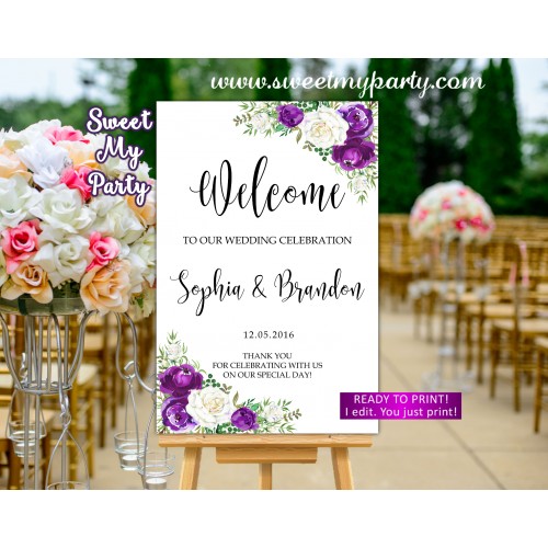 Purple white Wedding Welcome Sign,Lilac Wedding Welcome sign,(164 w)